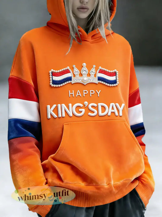 Dames oranje koningsdag patchwork print casual sweatshirt met capuchon - Sinaasappel / S
