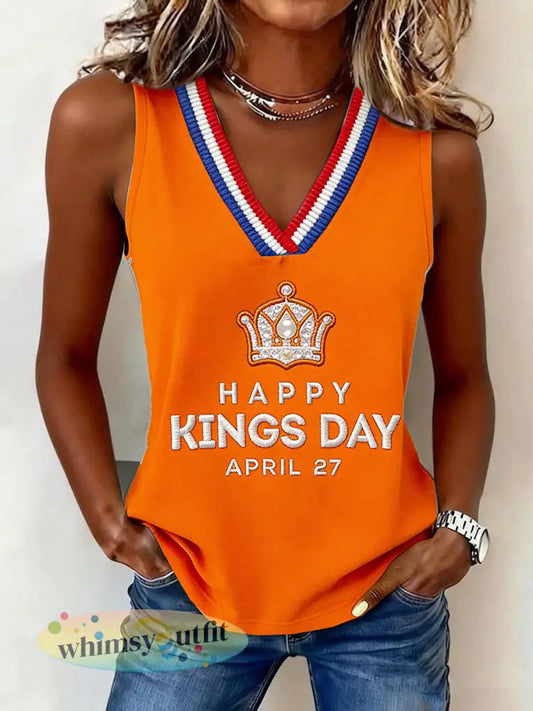Dames oranje Koningsdag-print patchwork casual vest met V-hals - Sinaasappel / S