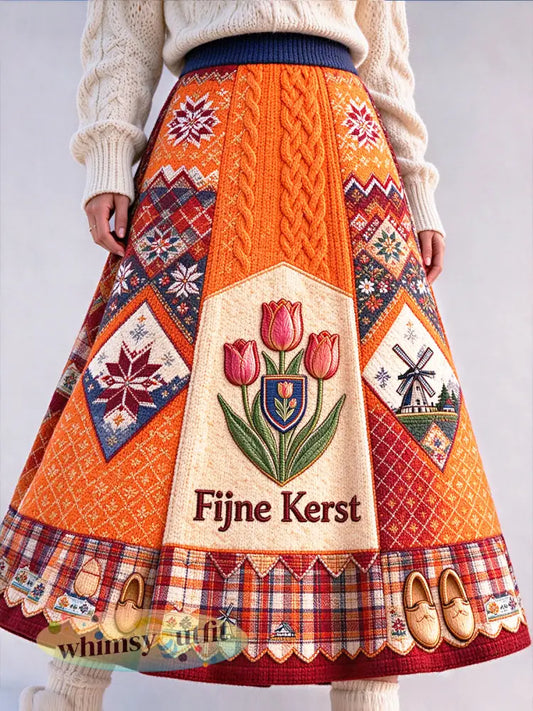 Dames Oranje Nederlandse Kerst Etnische Print Casual AutumnWinter Rok - Sinaasappel / S