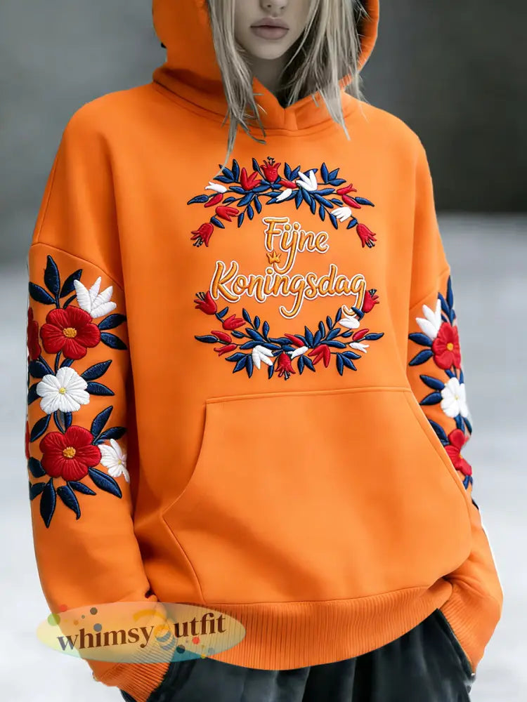 Dames Oranje Nederlandse Koningsdag 3D Bloemenprint Casual Sweatshirt met capuchon - Sinaasappel / S