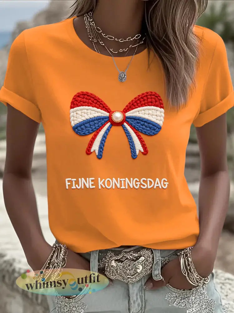 Dames Oranje Nederlandse Koningsdag 3D Bow Print T-shirt - Sinaasappel / S