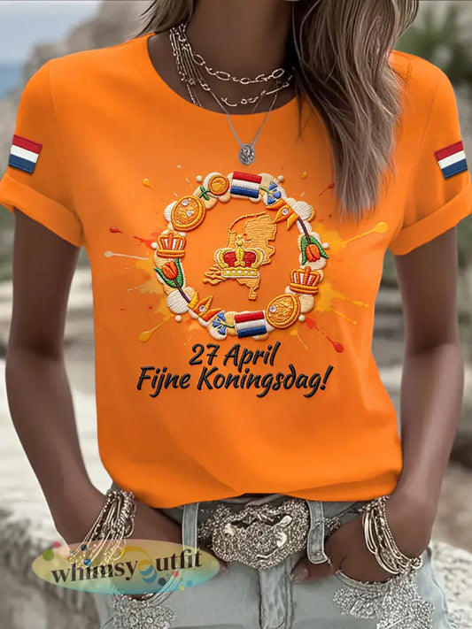 Dames Oranje Nederlandse Koningsdag 3D-Gedrukt Casual T-shirt - Sinaasappel / S