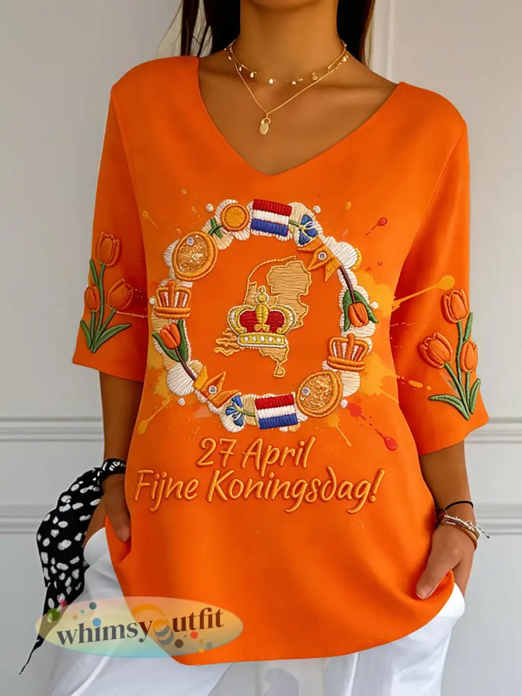 Dames Oranje Nederlandse Koningsdag Tulp Bloemenprint Casual T-shirt met V-hals - Sinaasappel / S