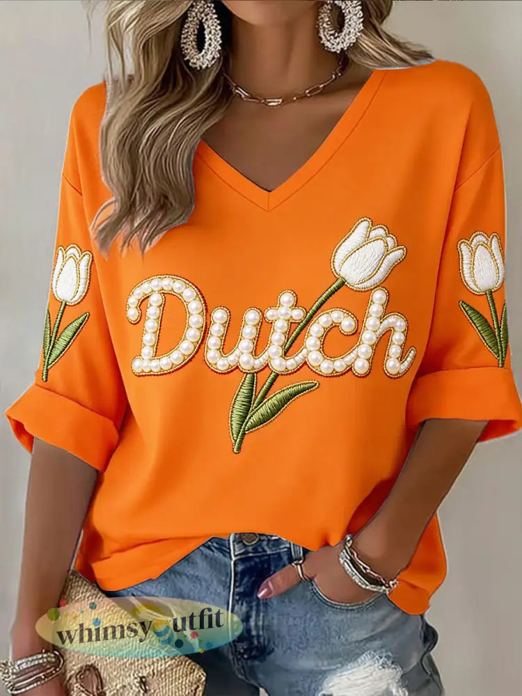 Dames oranje Nederlandse tulpprint casual T-shirt met V-hals - Sinaasappel / S