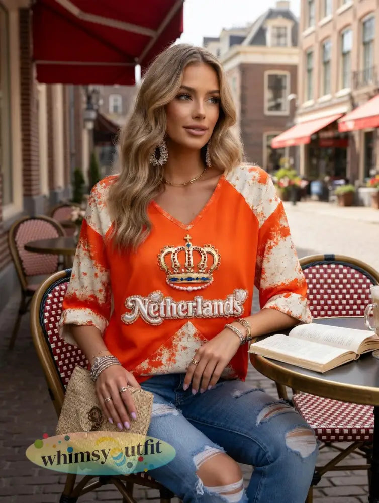 Dames oranje Nederlandse vintage patchworkprint casual T-shirt met V-hals