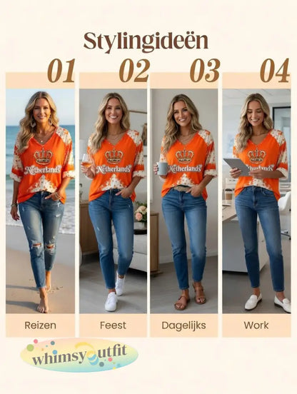 Dames oranje Nederlandse vintage patchworkprint casual T-shirt met V-hals