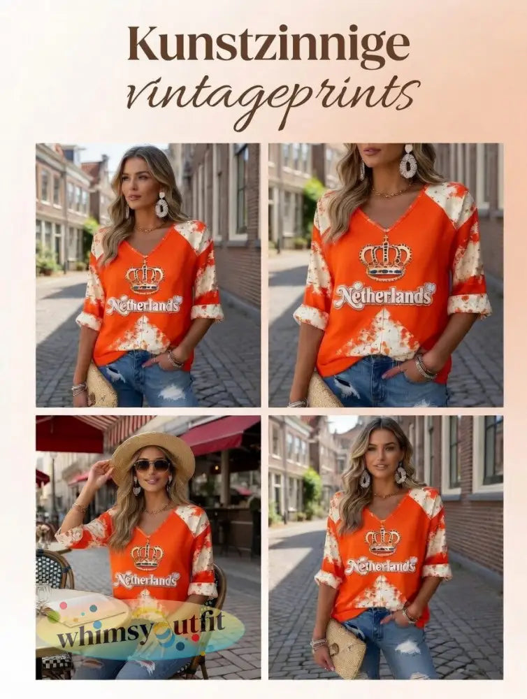 Dames oranje Nederlandse vintage patchworkprint casual T-shirt met V-hals