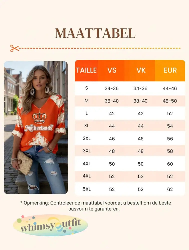 Dames oranje Nederlandse vintage patchworkprint casual T-shirt met V-hals