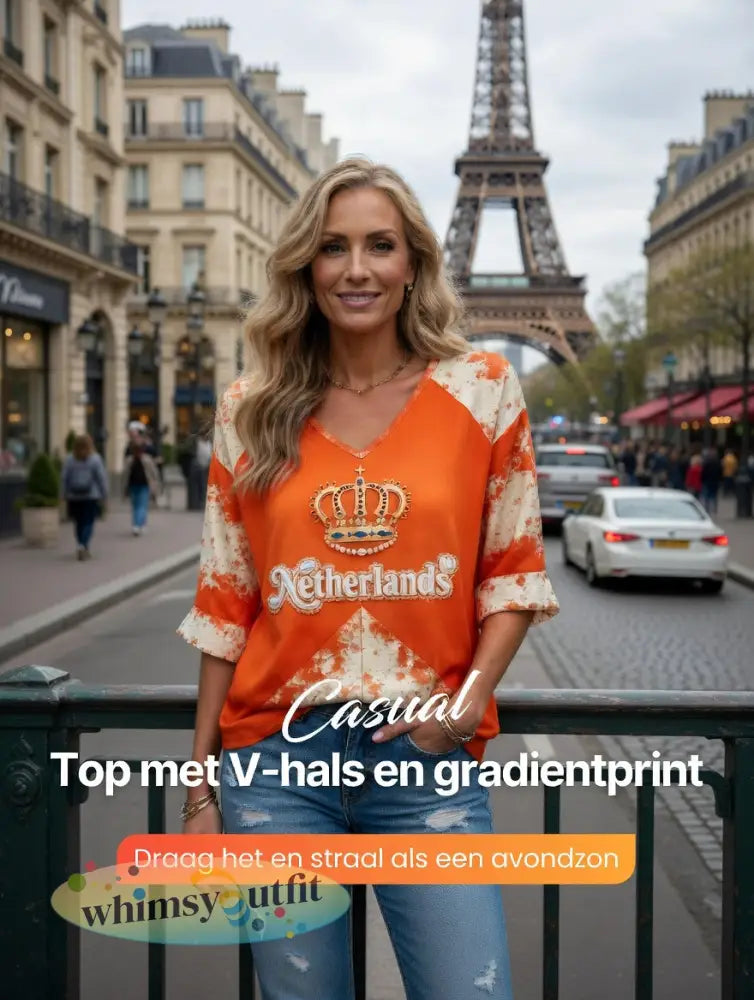 Dames oranje Nederlandse vintage patchworkprint casual T-shirt met V-hals - Sinaasappel / S