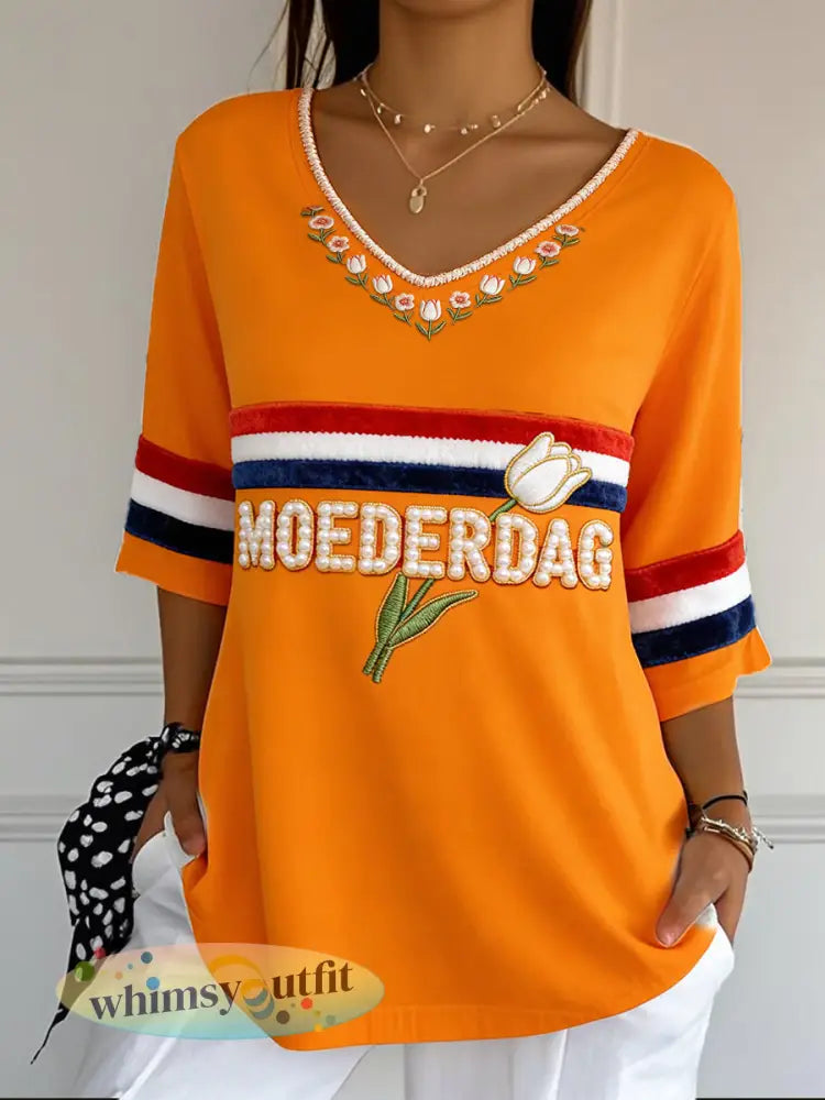 Dames Oranje Nederlandse Vlag Tulpenprint Moederdag cadeau Mode V-hals T-shirt - Sinaasappel / S