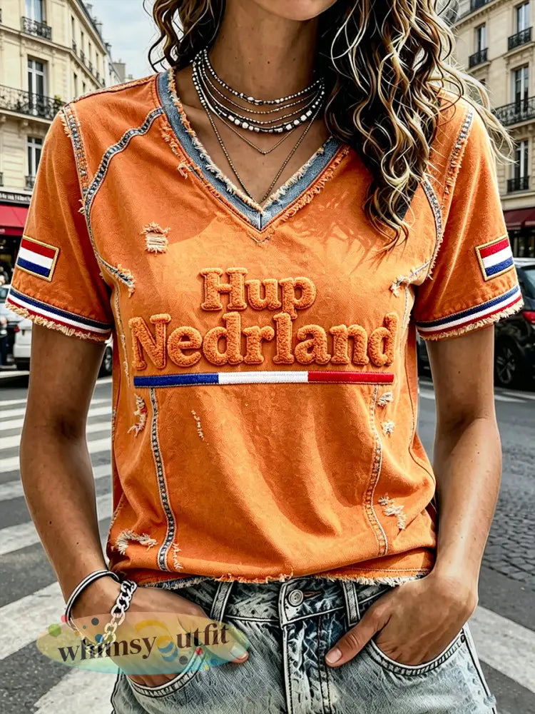Dames Oranje Nederlandse Vlag Voetbalprint Casual V-hals T-shirt - Sinaasappel / S