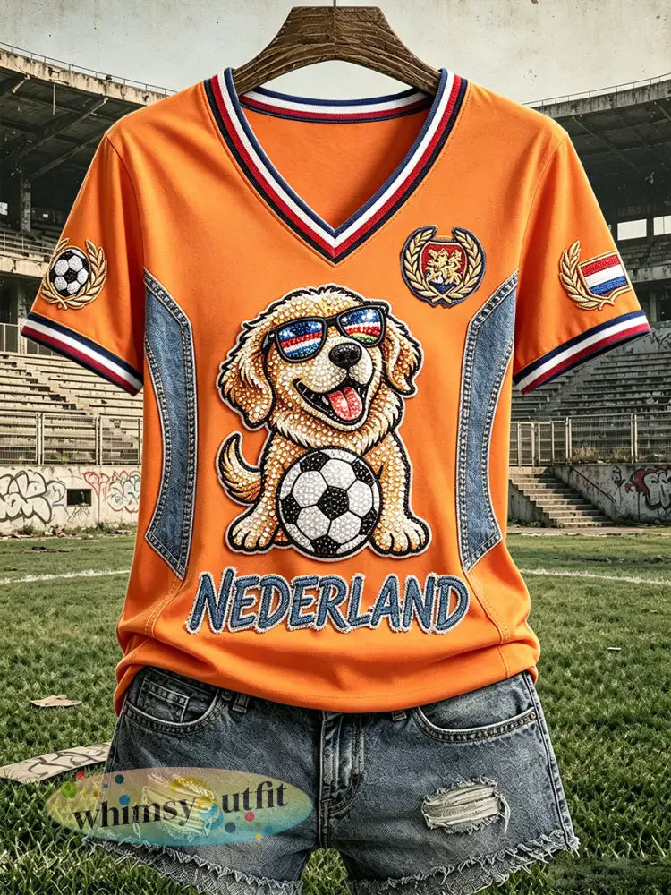 Dames Oranje Patchwork Nederlandse Schattige Puppy Voetbalprint Casual V-hals T-shirt - Sinaasappel / S