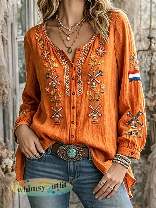 Dames oranje vintage Nederlandse windmolenprint casual katoenen linnen overhemd met lange mouwen - Sinaasappel / S
