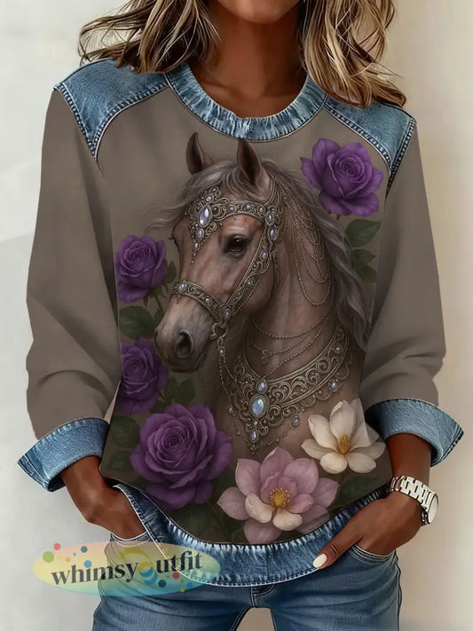 Dames paardenprint denim patchwork top - als foto / S
