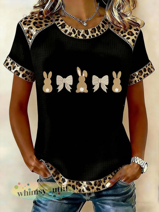 Dames paashaas print casual T-shirt met korte mouwen - Zwart / S