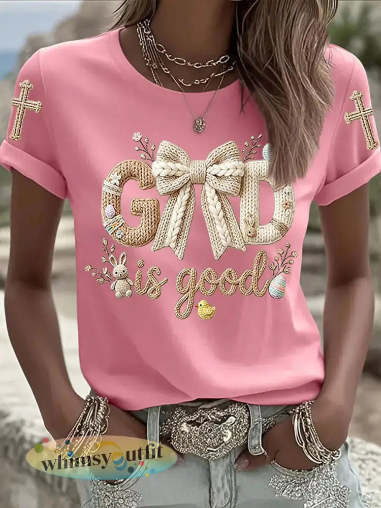 Dames Paashaas Print Casual T-shirt - Roze / S