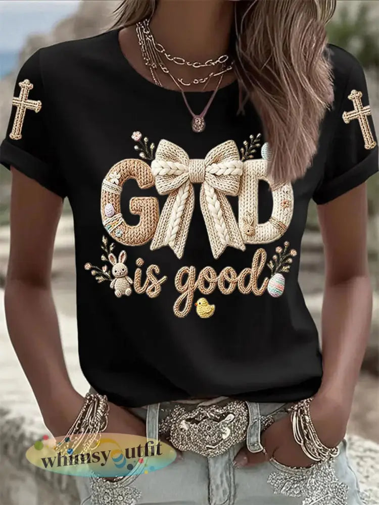 Dames Paashaas Print Casual T-shirt - Zwart / S