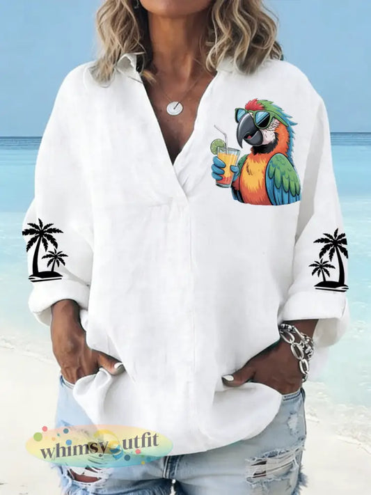 Dames papegaaienprint casual V-hals shirt - Wit / S