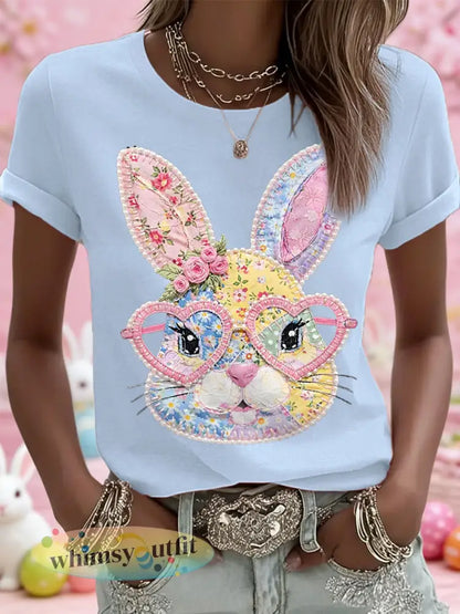 Dames Pasen Floral Bunny Patchwork Print Casual T-shirt - Hemelsblauw / S