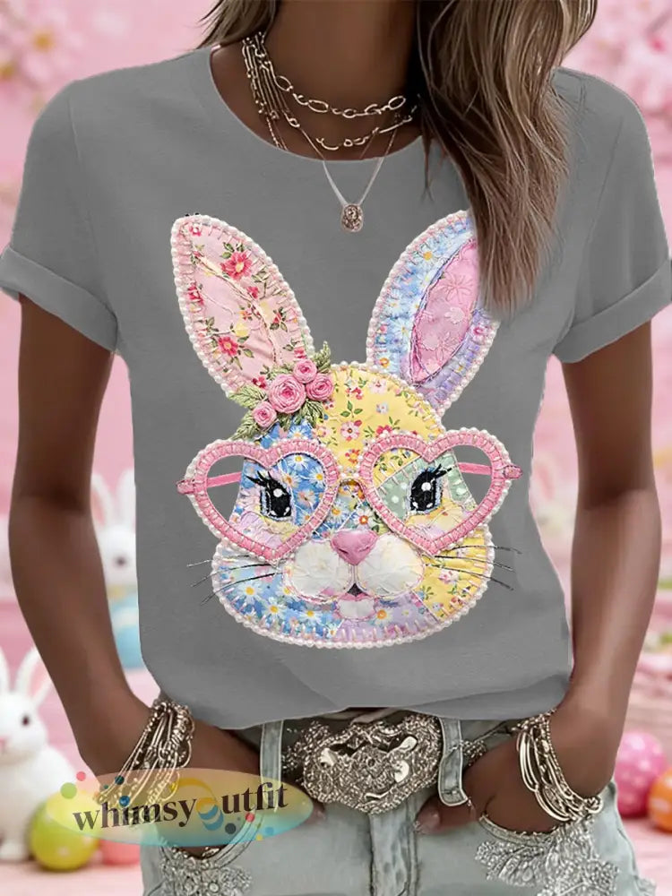 Dames Pasen Floral Bunny Patchwork Print Casual T-shirt - Lichtgrijs / S