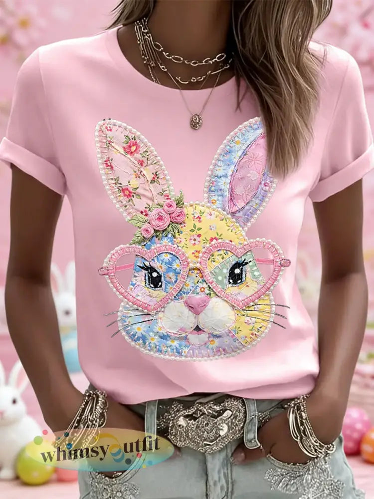 Dames Pasen Floral Bunny Patchwork Print Casual T-shirt - Lichtroze / S