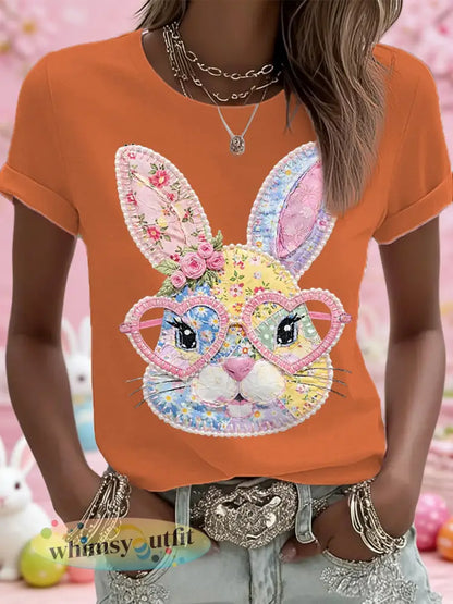 Dames Pasen Floral Bunny Patchwork Print Casual T-shirt - Oranje / S