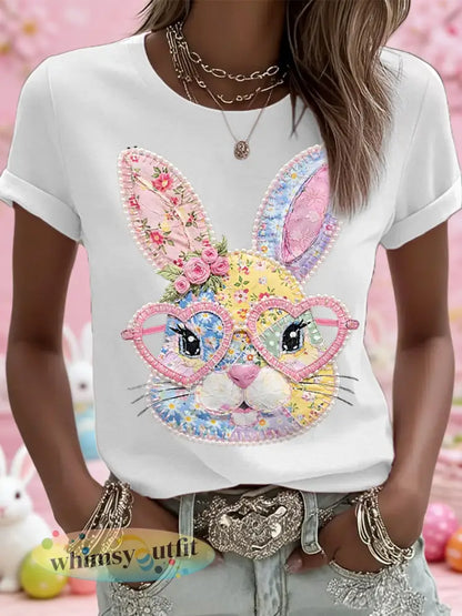 Dames Pasen Floral Bunny Patchwork Print Casual T-shirt - Wit / S