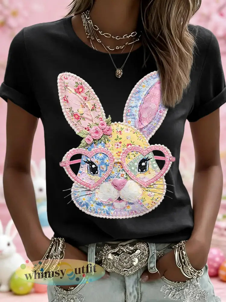 Dames Pasen Floral Bunny Patchwork Print Casual T-shirt - Zwart / S