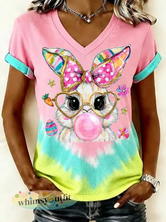 Dames Pasen Schattige Bunny Print Casual V-hals T-shirt - gemengde kleur / S