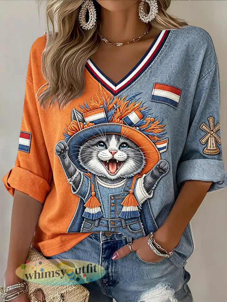 Dames Patchwork Nederlands Zomercarnaval Cat Print Casual T-shirt met V-hals - Veelkleurig / S