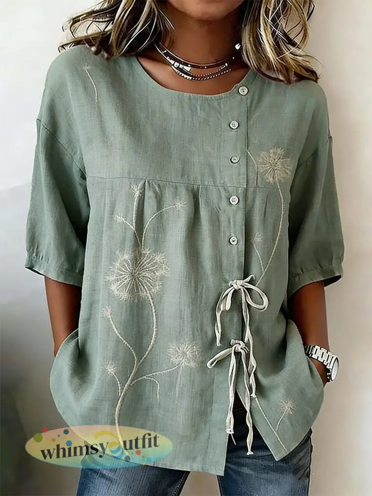 Dames planten en bloemen met knopen en geregen linnen blend shirt - Groen-Grijs / S