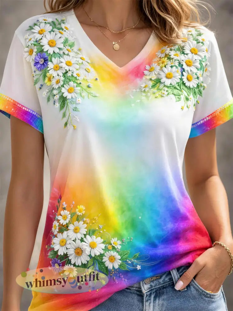 Dames Regenboog Bloemenkunst Gedrukt T-shirt met V-hals - Wit / S