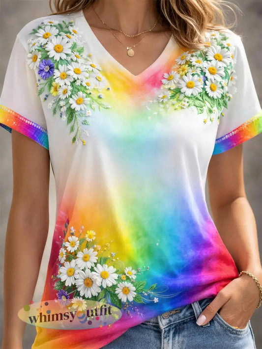 Dames Regenboog Bloemenkunst Gedrukt T-shirt met V-hals - Wit / S