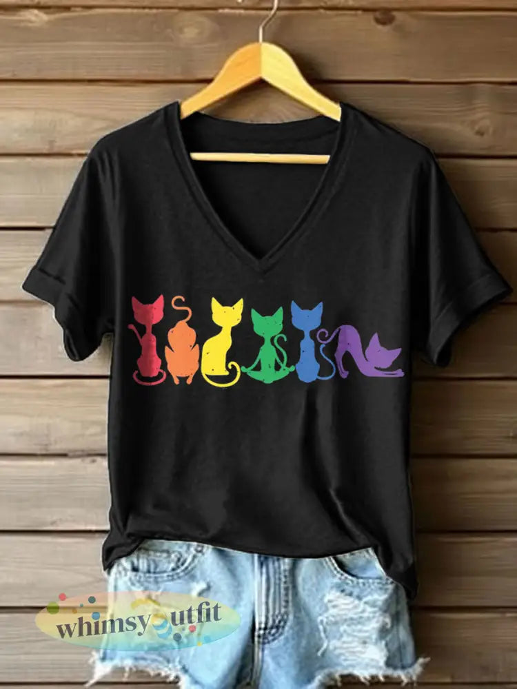 Dames Regenboog Kleuren Cat Print V-hals T-shirt - Zwart / S