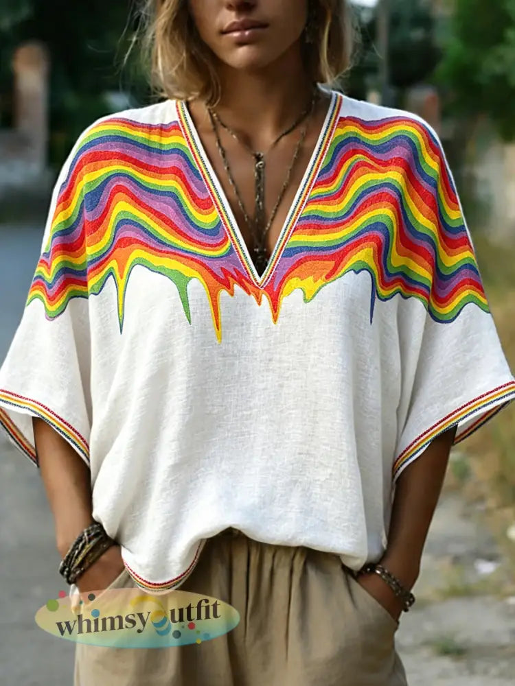 Dames Regenboog LGBT Pride Print Casual V-hals T-shirt - Wit / S
