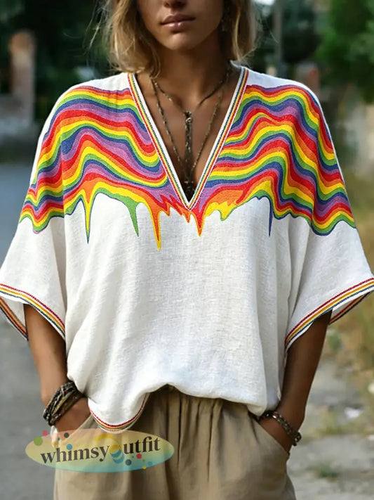 Dames Regenboog LGBT Pride Print Casual V-hals T-shirt - Wit / S