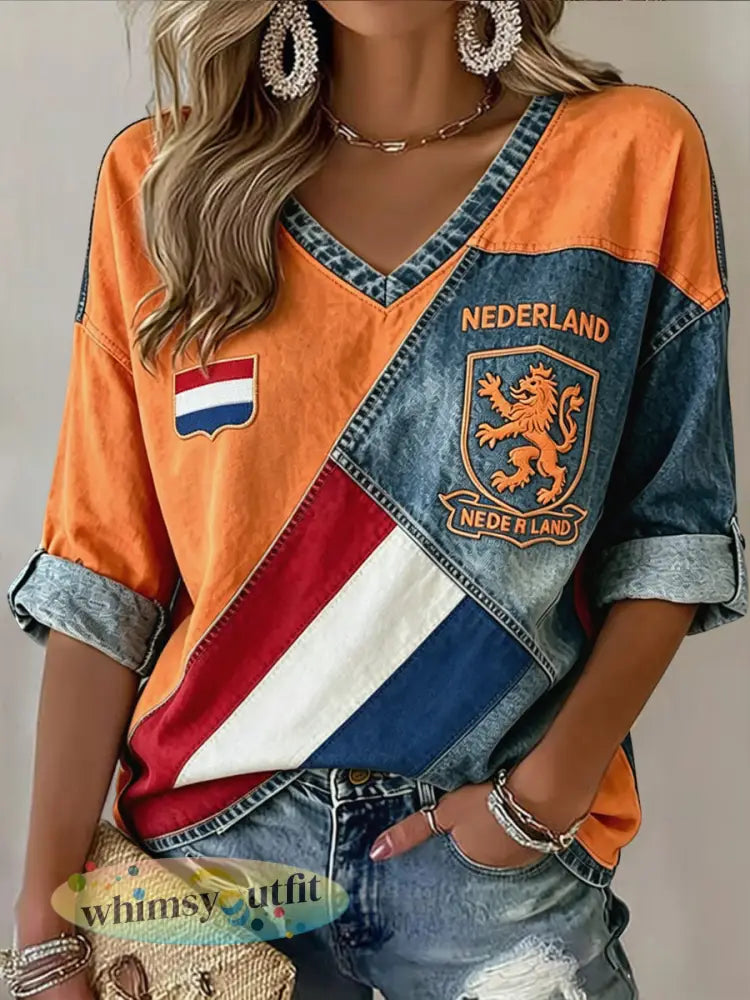 Dames Retro Abstract Nederlands Patchwork Casual V-hals T-shirt - Sinaasappel / S