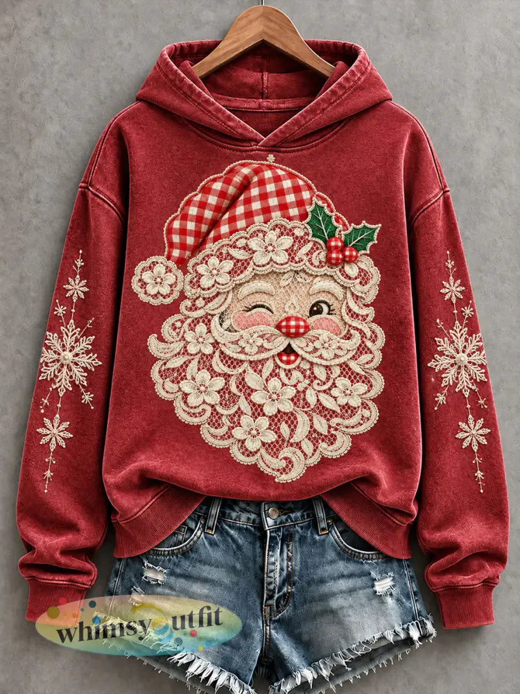 Dames Retro Kant Kerstman Print Gezellige Hoodie - Rood / S