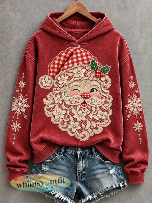 Dames Retro Kant Kerstman Print Gezellige Hoodie - Rood / S