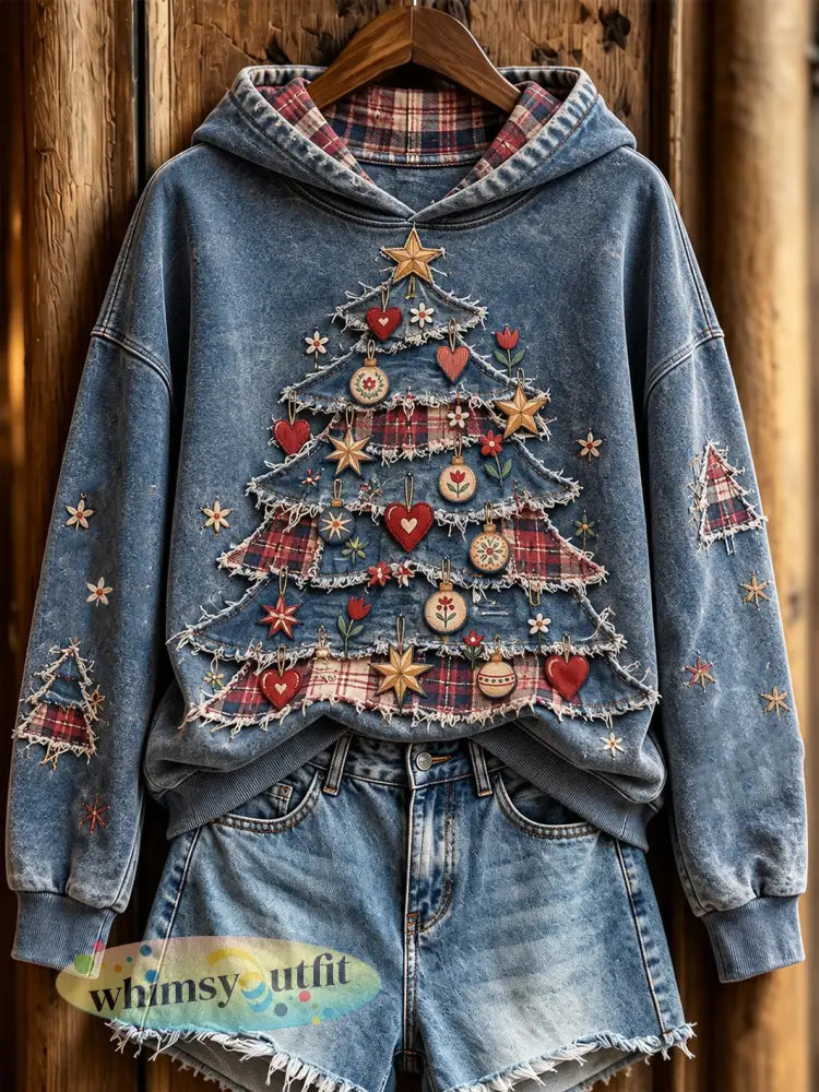 Dames Retro Kerstboom Patchwork Patroon Ontwerp Casual Hoodie - Denim Blauw / S
