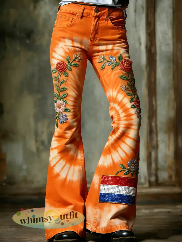 Dames Retro King’s Day Tie-Dye Floral Casual Uitlopende broek - Sinaasappel / S
