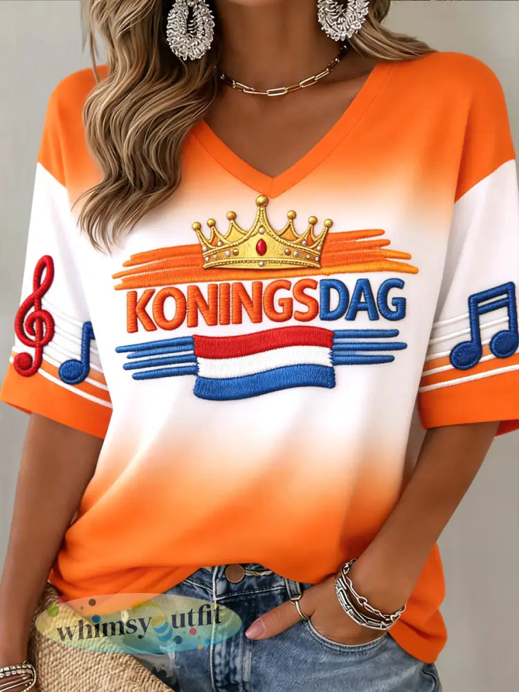 Dames Retro King’s Music Festival Casual V-hals T-shirt - Sinaasappel / S