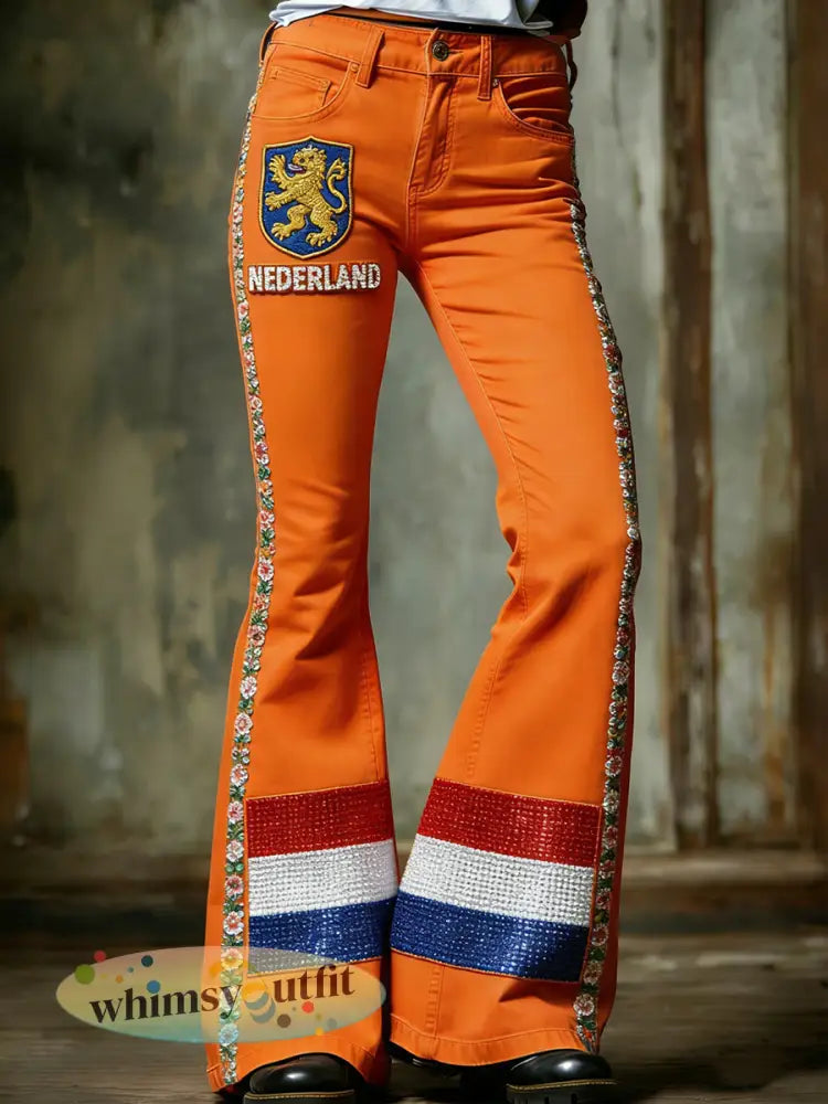 Dames retro koningsdag gebloemde patchwork casual uitlopende broek - Sinaasappel / S