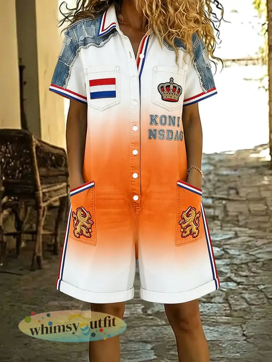 Dames retro koningsdag gradiënt casual jumpsuit - Sinaasappel / S