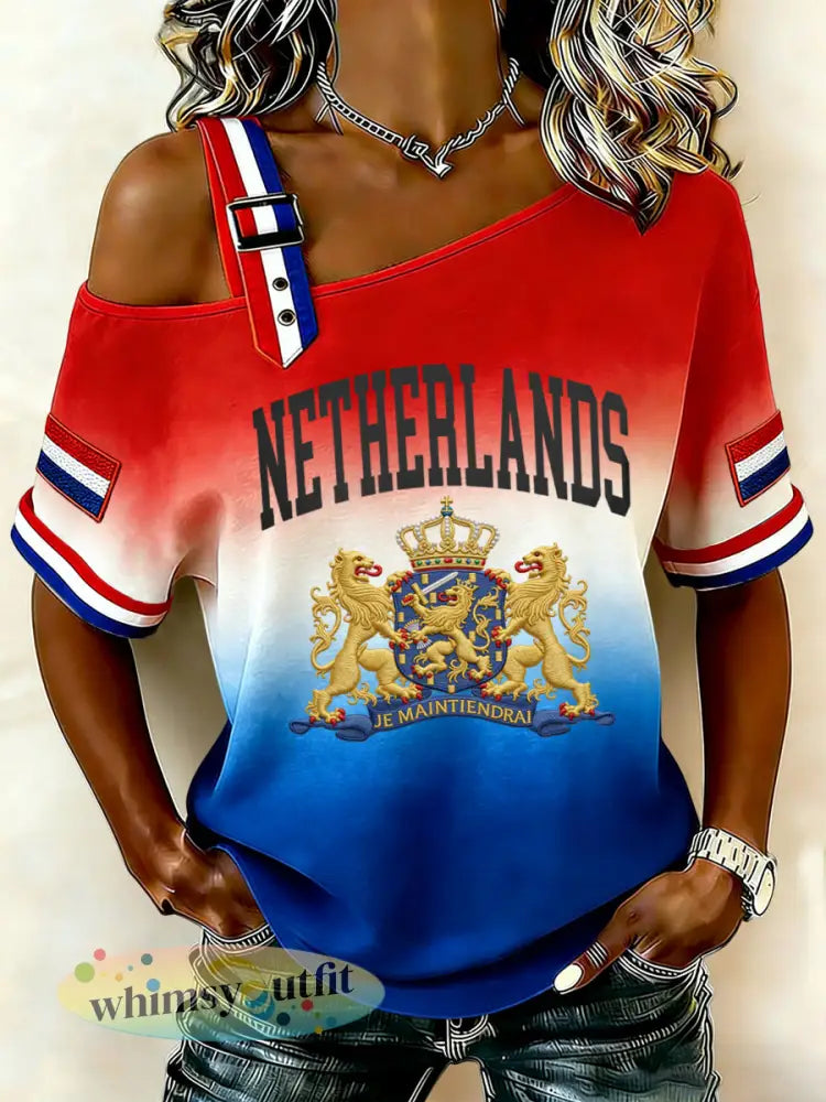 Dames retro koningsdag gradiënt casual off-the-shoulder T-shirt - Veelkleurig / S