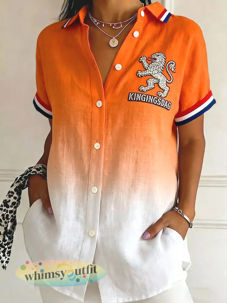 Dames retro koningsdag gradiënt katoenen linnen blouse - Sinaasappel / S