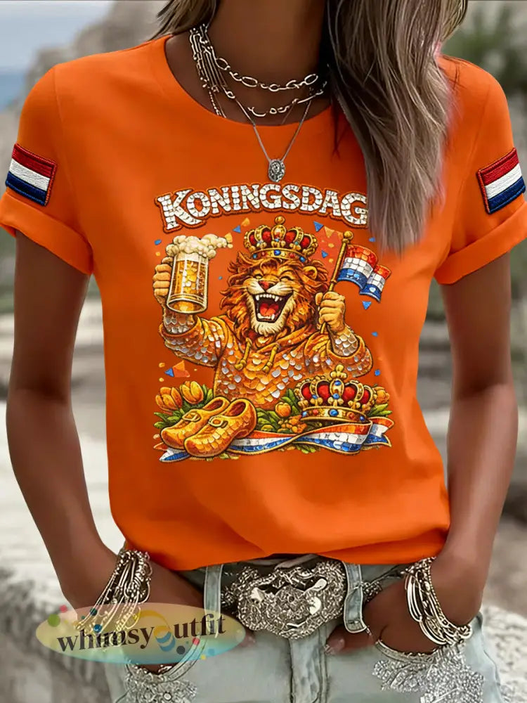 Dames Retro Koningsdag Leeuw Bier Casual T-shirt - Sinaasappel / S