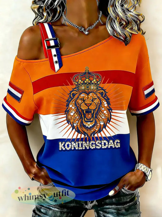 Dames retro koningsdag leeuw casual off-the-shoulder T-shirt - Sinaasappel / S