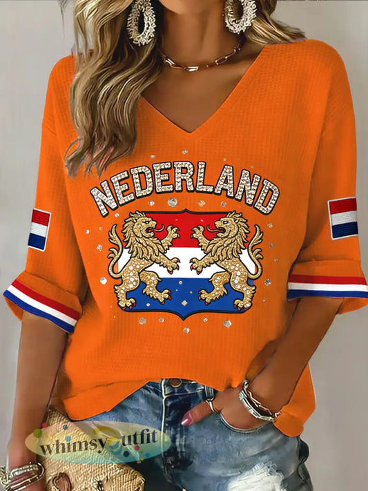 Dames Retro Koningsdag Leeuwenprint Casual Waffle-Weave V-hals top - Sinaasappel / S