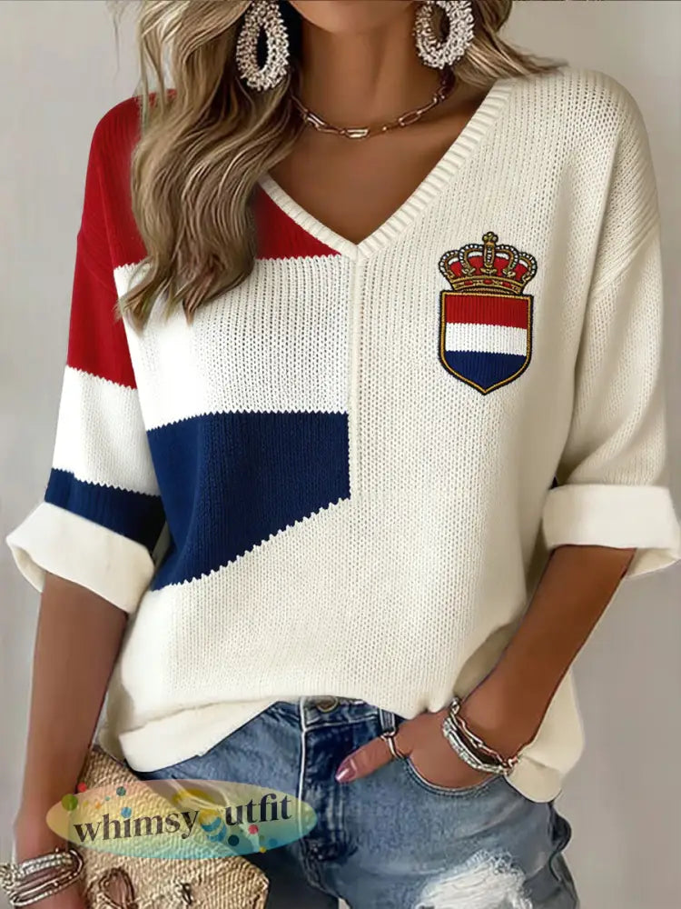 Dames retro koningsdag patchwork casual blouse - Abrikoos / S